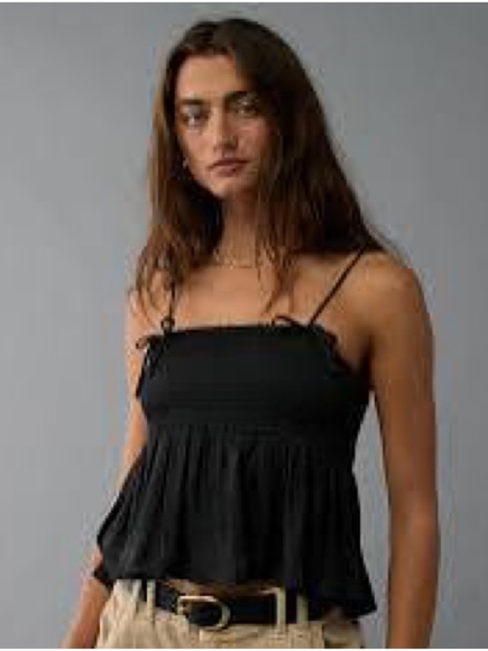American Eagle Black Ruffled Square-Neck Satin Babydoll top with bows